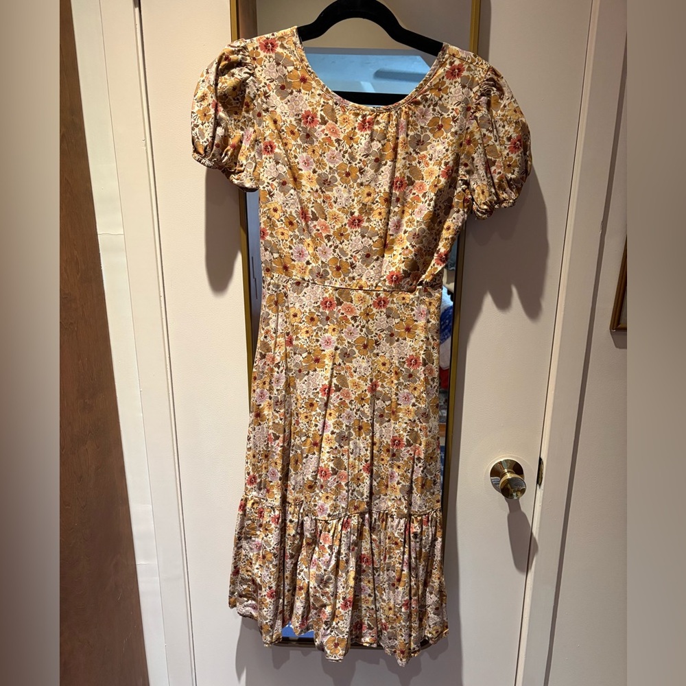 Madewell Puff-Sleeve Open-Back Midi Dress in the Flora Field pattern.